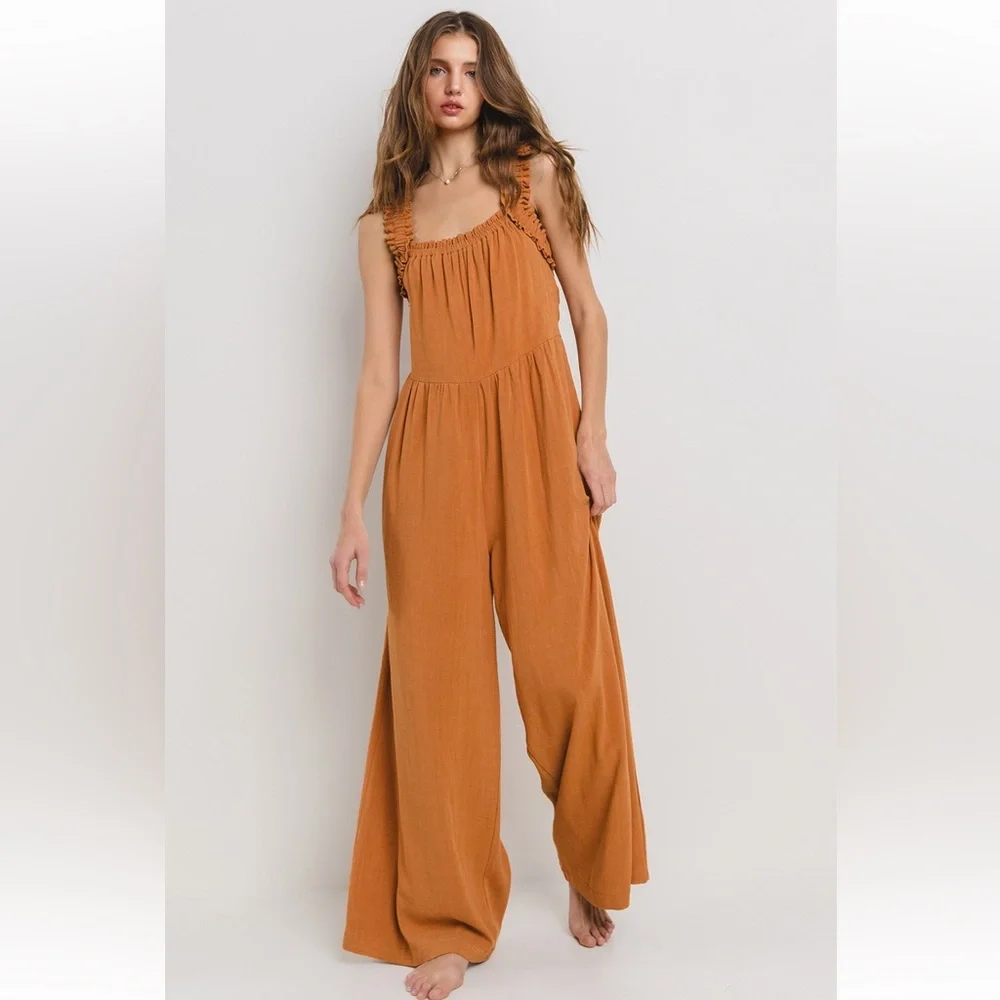 17 Solid Ruffle Strap Wide Leg Jumpsuit - Picture 2 of 7